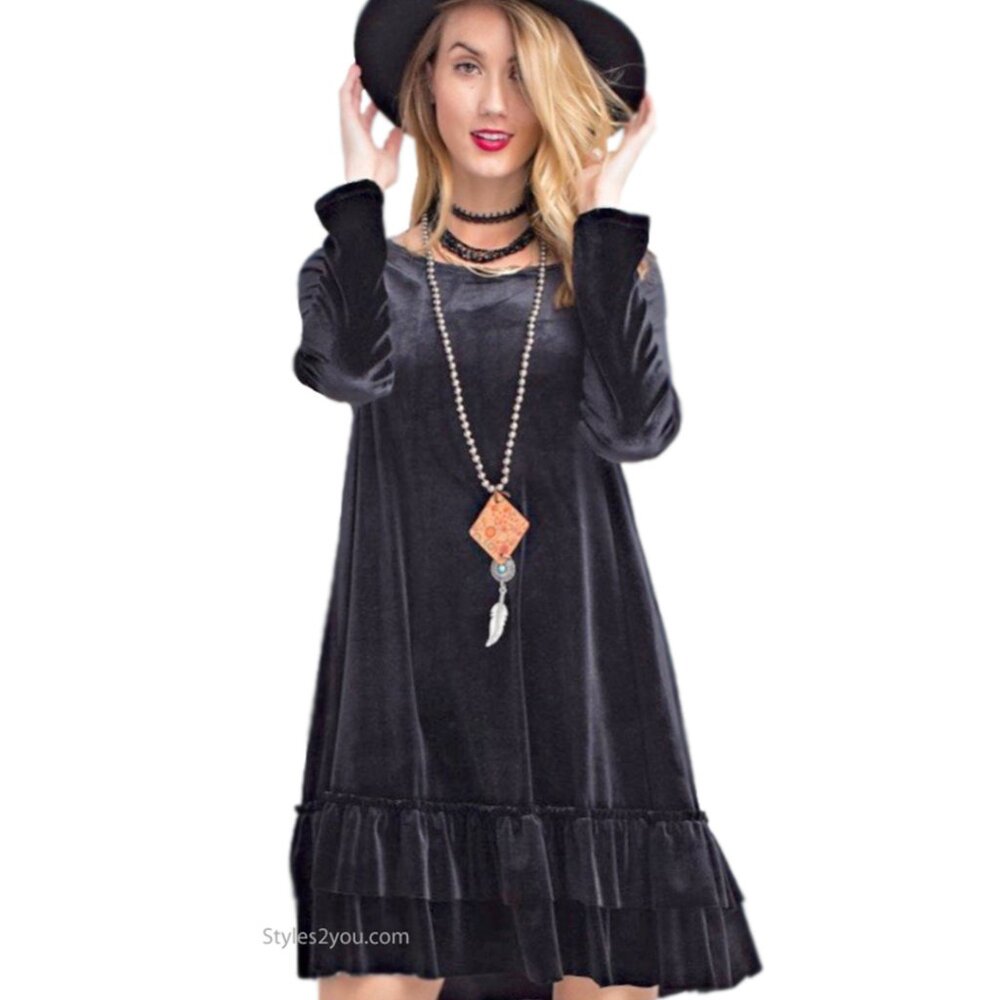 Easel Clothing Arie Long Sleeve Velvet Shirt Dress in Black NWT